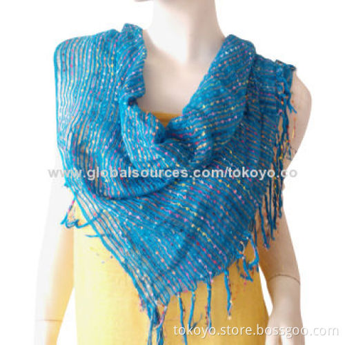 Fancy yarn embellished scarf, made of viscose and acrylic, measures 130*130cm